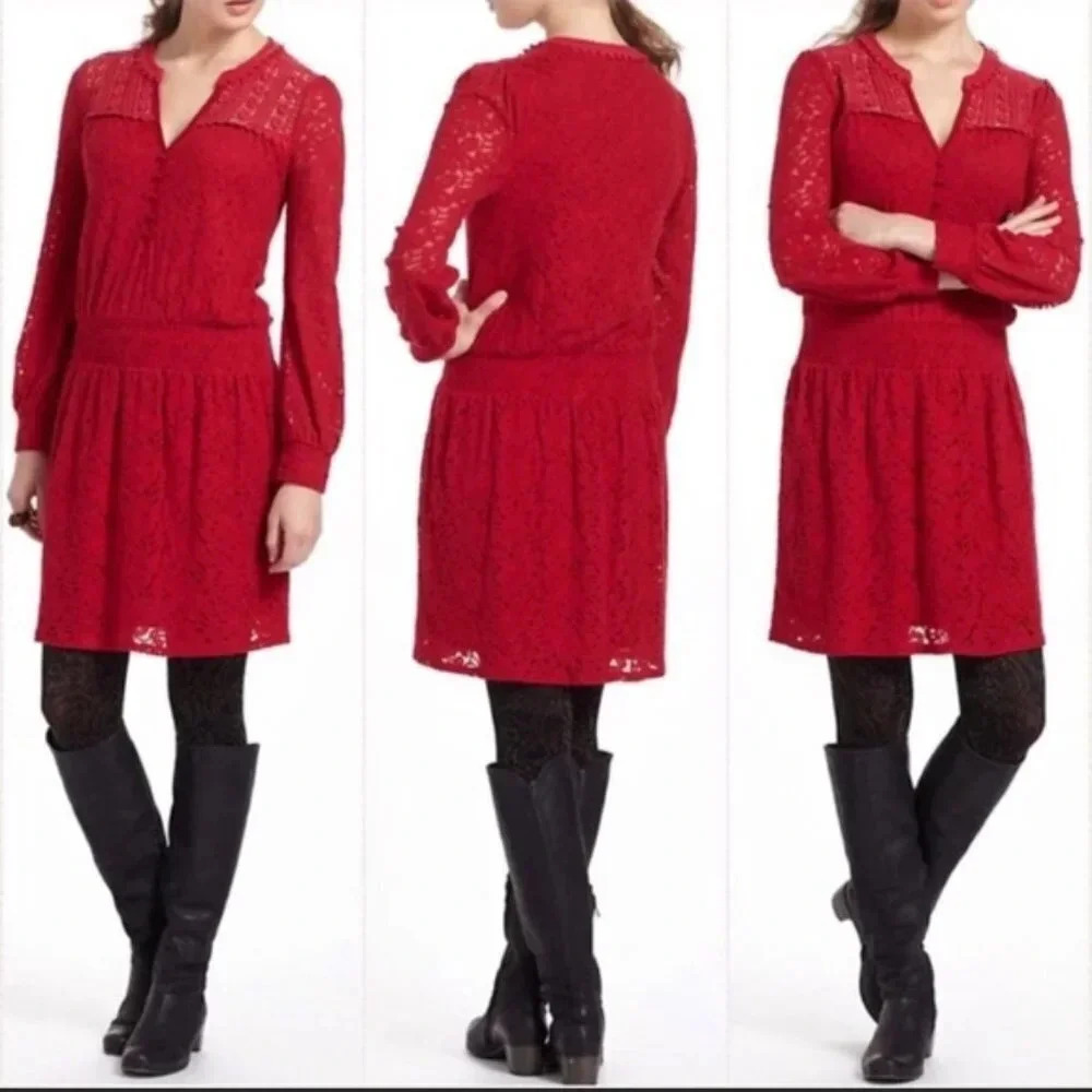 Anthropologie Red Lace Long Sleeve Skater Dress